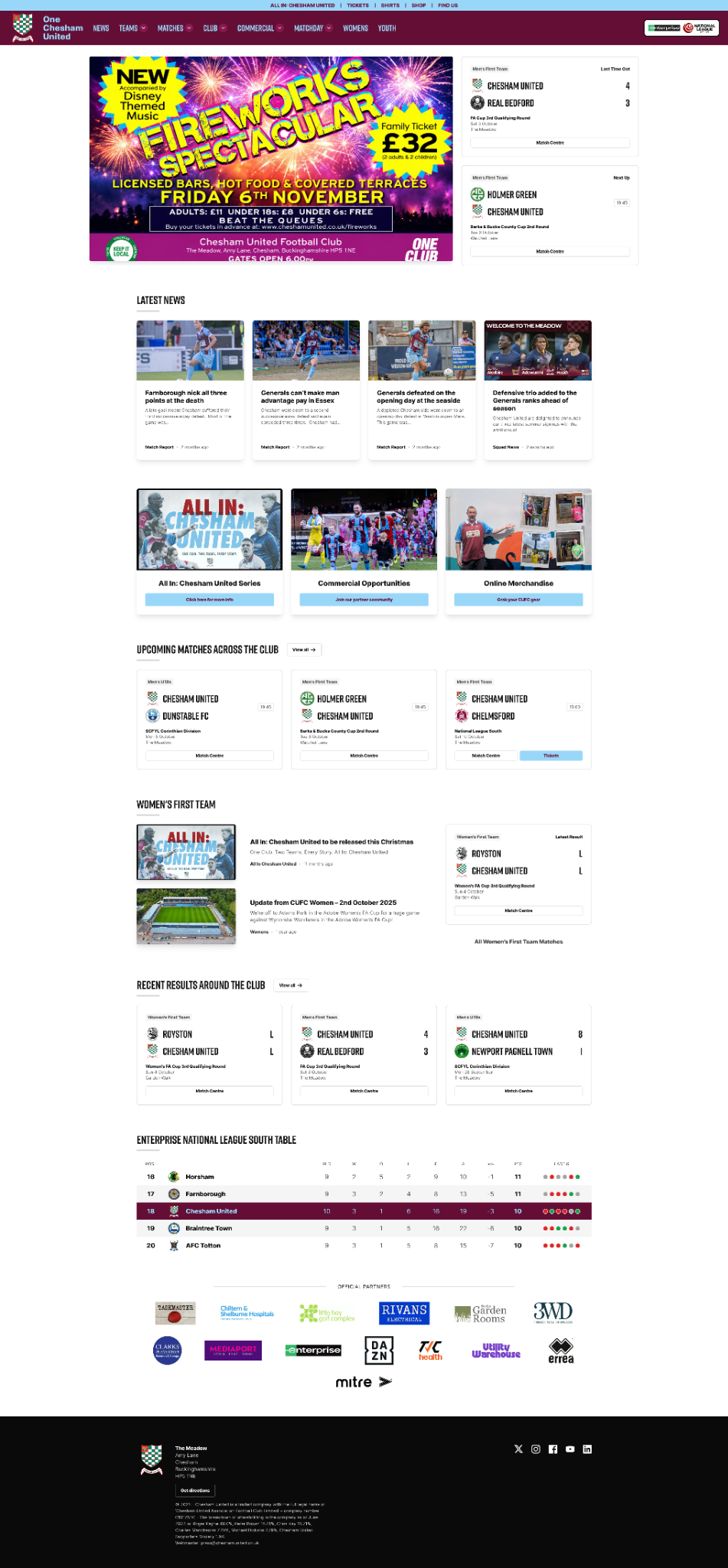 Current Chesham United website showing the fireworks promotion, news cards and fixtures